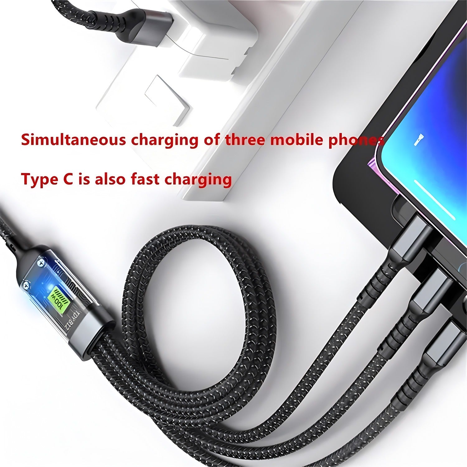 Nylon Braided 3 - in - 1 USB Cable – 100W Fast Charging & Night Luminous (1.2m) - Excellence United